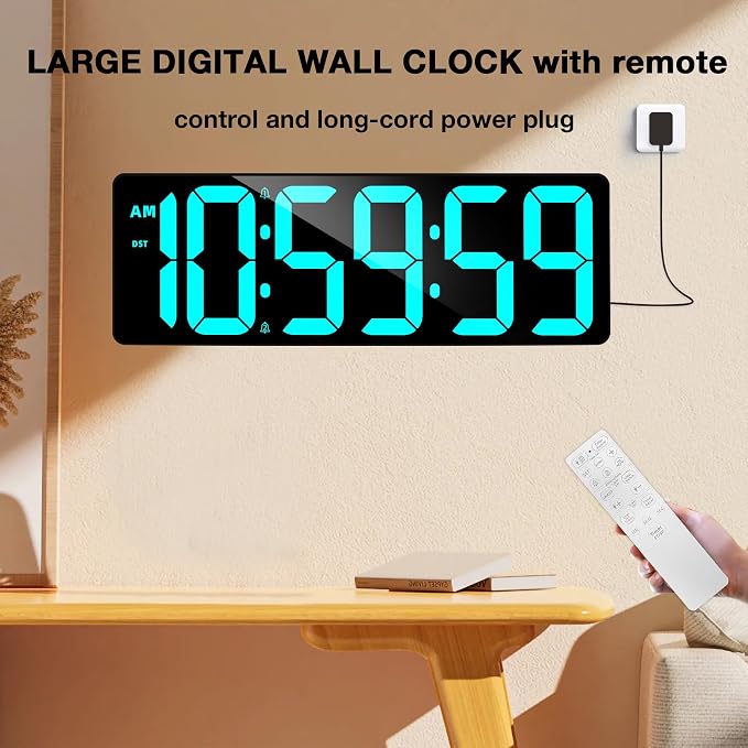 17.2" Large Digital Timer Wall Clock with Remote Control, Count Down Up Digital Timer, Auto DST LED Big Digital Clock for Bedroom Kitchen Living Room Office Gym Home Decor, Blue
