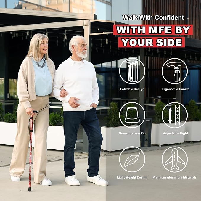 MFE Folding Cane, Portable 5-Level Adjustable Height Walking Stick with Foldable Design, Wrist Strap, and T Handle for Men and Women