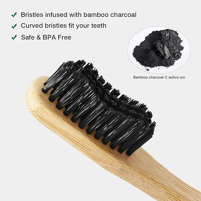 Virgin Forest Bamboo Toothbrush, Natural Eco Friendly Biodegradable Charcoal Tooth Brushes, Pack of 6