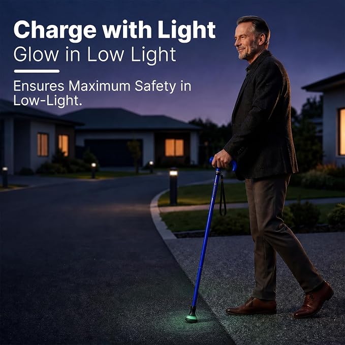 GlowGuard Walking Cane for Men & Women - Extra-Wide 2.68" Glow Cane Tip with Photoluminescent Ring, Height Adjustable (31.1" to 37.8"), 350 lbs Capacity