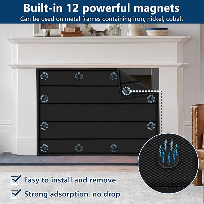 Magnetic Fireplace Blanket for Heat Loss Indoor Fireplace Covers Keep Drafts Out Stops Heat Loss Fireplace Draft Stopper with Built-in 12 Strong Magnet for Iron Fireplace Frame Fireplace Screen 42x24