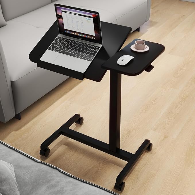 PUNCIA 28" Overbed Table with Split Tilting Desktop,Pneumatic C Table,Black | Mobile Laptop Desk for Bedside, Height Adjustable End Table with Wheels, Computer Cart for Home Sofa Office & Hospital Use