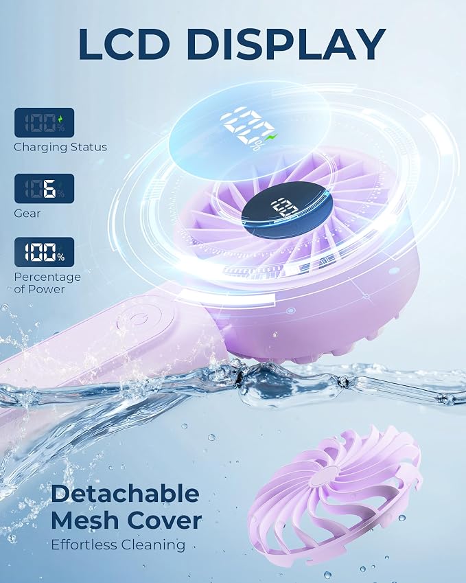 Peiyuu Portable Fan, 4000mAh USB Rechargeable, 180° Foldable Mini Desk Fan, 6 Wind Speed, LCD Digital Display, Lanyard as Neck Fan, Ultra Quiet, Pocket Size for Indoor Outdoor