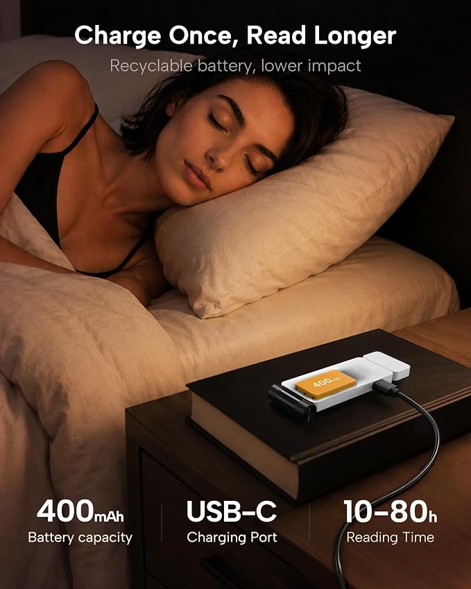 86lux Book Light, Rechargeable Clip-On LED Reading Light for Bed | 3 Color Temperatures with Stepless Dimming, Ultralight Bookmark Design for Book Lovers, White