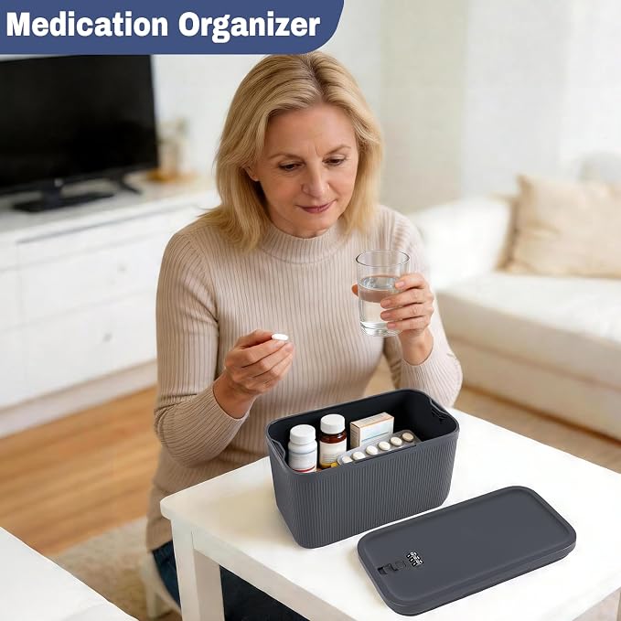 Small Medicine Lock Box Upgraded PLUS Taller , Medication Lockbox with Combination, BPA-Free Food Small Lockable Storage Box for Pill Organizer, Phone Jail, Snack, Fridge, Home, Office,Gray