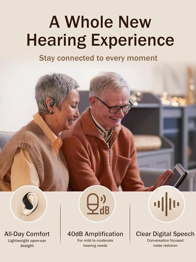 OTC Hearing Aids with Charging Case for Seniors & Adults, 24-Channel Noise Reduction, Rechargeable, Clear Sound, Comfortable & Invisible in-Ear Fit, 80+ Hours Battery Life