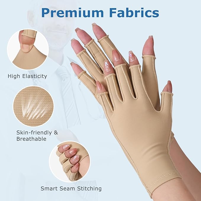 NURCOM Compression Arthritis Gloves Support for Women & Men, Relieve Pain & Swelling from Arthritis, Carpal Tunnel, Tendinitis, Tendonitis, Single Glove for Left & Right Hand, Open Finger Beige Small