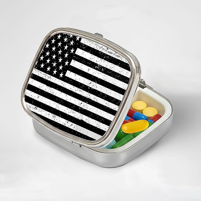 LRITER Pill Case, 2 Compartment Portable Small Travel Pill Organizer for Purse and Pocket, Stylish Medicine Case with Multiple Patterns, Daily Pillbox for Home & Travel (Flag)