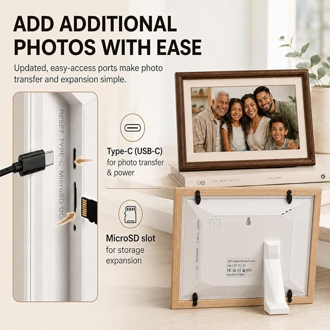 8” WiFi Digital Picture Frame – 100% Real Wood Frame, HD Touchscreen, 16GB Storage, MicroSD/USB-C, Auto-Rotate, App Sharing, Electric Picture Frame Slideshow, Desk & Family Use, Moms Birthday Gifts