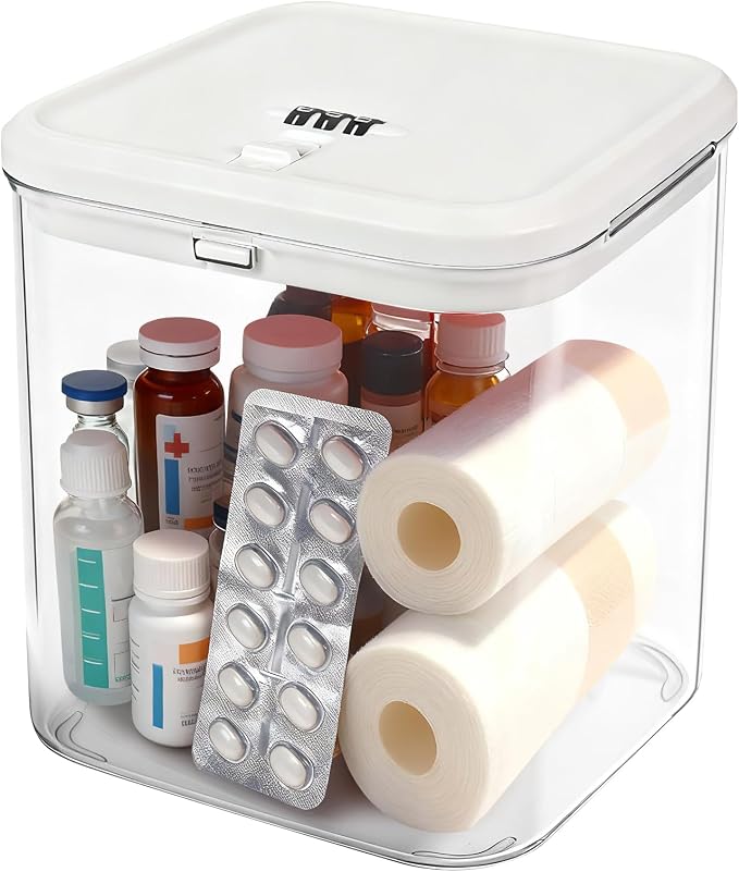 Small Lock Box for Safe Medication,Clear Lock Box with Combination Code,Locked Medicine for Pills First Aid,Lockable storage box for Snack/Fridge/Food/Phone medicine Organizer 5.5x5.5x5.6in