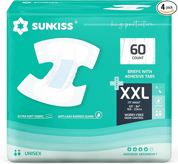 SUNKISS TrustPlus Adult Diapers with Maximum Absorbency, Unisex Disposable Incontinence Briefs with Tabs for Men and Women, Odor Control, XXLarge, 60 Count (4 Packs of 15)