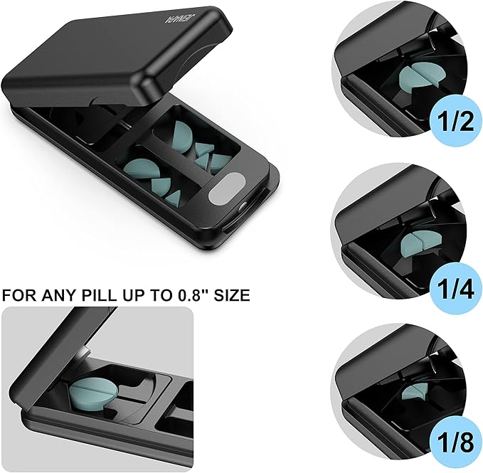 Pill Cutter with Auto Centering Device, Aluminum Pill Splitter with 316L Stainless Blade, Genuine Leather Case, Professional Pill Splitter for Cutting Small Pills or Large Pills (Black)