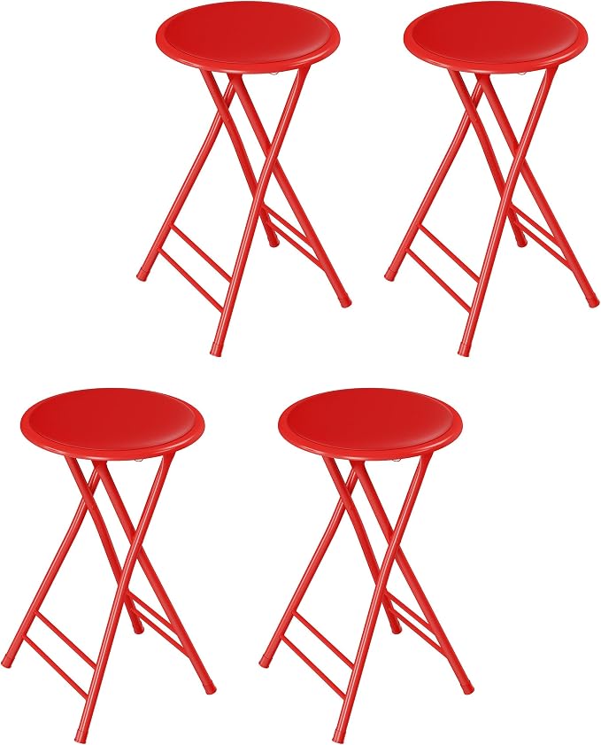Lavish Home Folding Stool with Padded Backless Seat Set of 4, Red, 24” | Counter Height Bar Stools with 225lb Capacity, Portable Indoor & Outdoor, Extra Seat for Kitchen, Rec Room or Camping