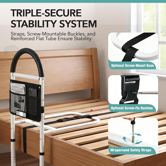 HOMENURSE Bed Rails for Elderly Adults Safety, Motion Sensor Light, 350lb | ASTM Approved, Tool-Free Bed Cane, Non-Slip Handle & Feet, Adjustable Height Fits 12.7"-20.7" Bed Frame, King Queen Full Twin