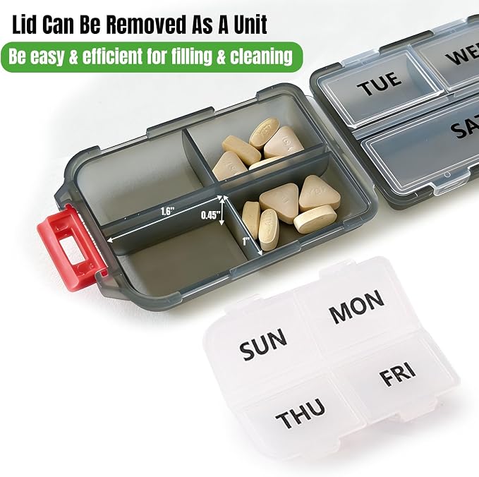 7 Day Compact Pill Organizer, Foldable Portable Travel Pill Box with Double Protection, Daily Small Pill Case Dispenser for Medication, Vitamins, Supplements (Clear Black)
