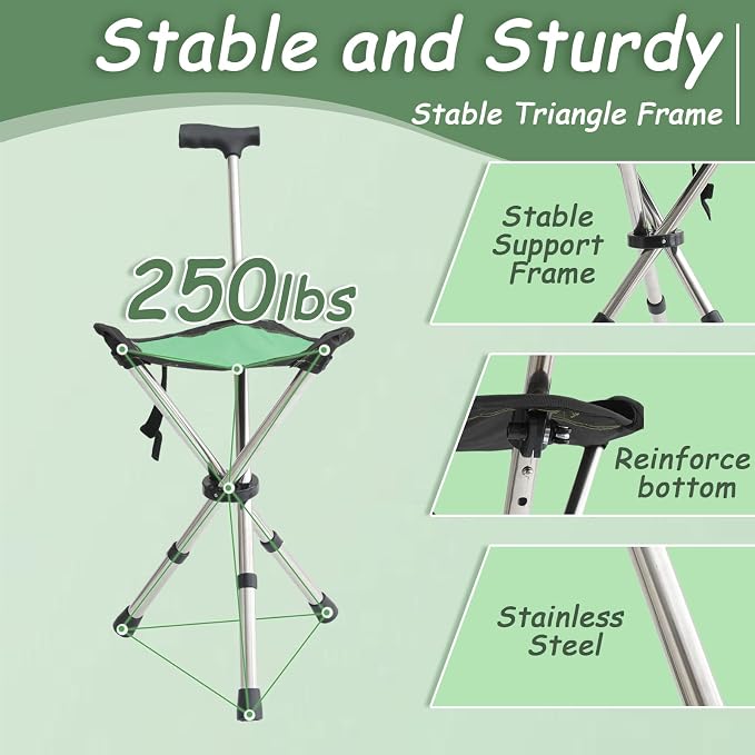 King Mills Lightweight Portable Stools for Adults Heavy Duty, Adjustable Walking Chair for Adults, Anti-Slip Cane Seat Walking Stick Folding Seat 250 Lbs Above Ideal for Camping & Hiking