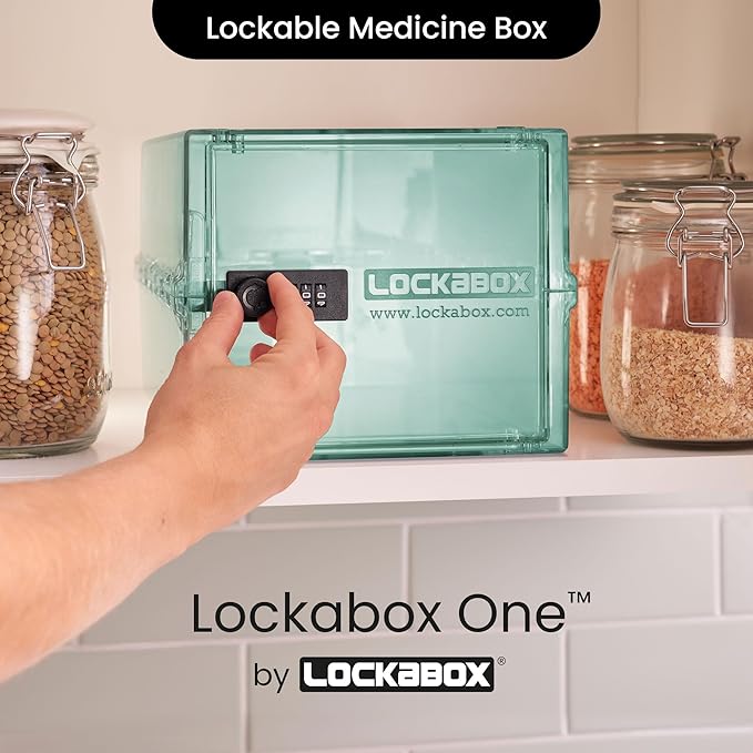 Lockabox One™ | Premium Medicine Lock Box | Medium Medication Lock Box With Code For Medicines, Vitamins & Supplements | External Size 12 x 8 x 6.6 inches (Light Medi Green)