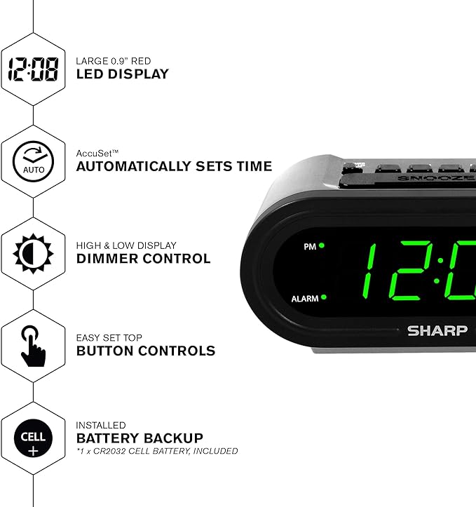Sharp AccuSet Automatic Smart Alarm Clock – Self-Setting Digital Clock, Auto Time & DST Adjustment, Easy-Read Green LED Display, Battery Backup, Simple Plug-and-Play Clock for Seniors & Bedrooms