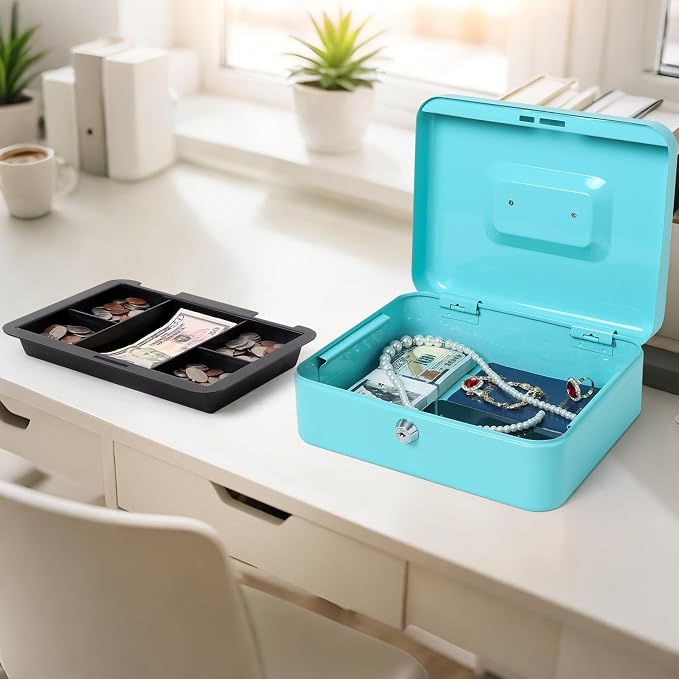 Jssmst Cash Box with Money Tray and Lock - Light Blue Money Saving Box for Cash Coins, Small Lock Box for Medication Personal Items, 9.84'' x 7.87'' x 3.46'', Light Blue