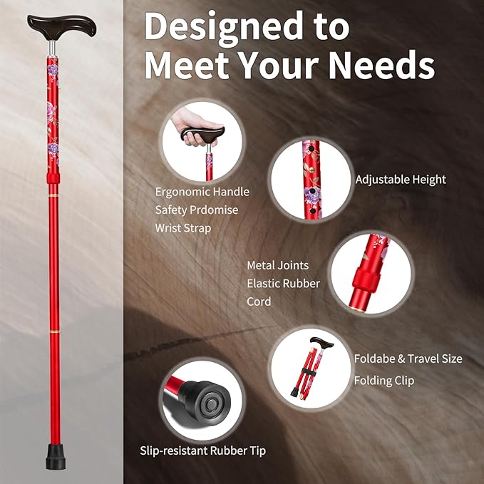 Stylish Foldable Walking Cane - Pattern Printed, Adjustable, for Men and Women Stability and Balance, Light Weight, for 5'~6' Height