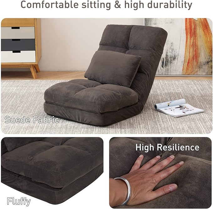 Indoor Chaise Lounge Sofa, Floor Chair with Back Support for Adults, 14 Angle Adjustment Recliner Chair, Folding Floor Lounger with Pillow 8823(Brown)