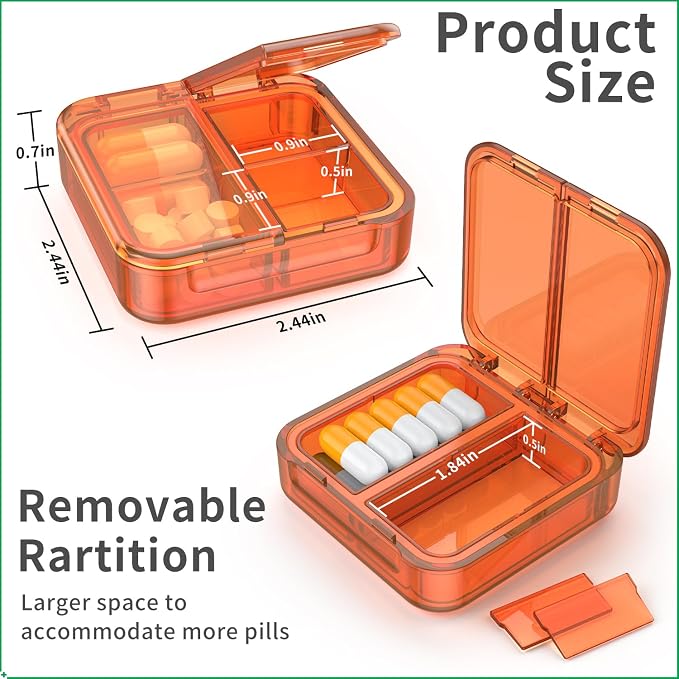 Small Pill Box,4 Compartments Travel Pill Case, Portable Pill Organizer,Mini Pill Container for Pocket,Daily Compact Travel Medicine Holder for Vitamins Fish Oil and Supplement Storage(Orange+Yellow)