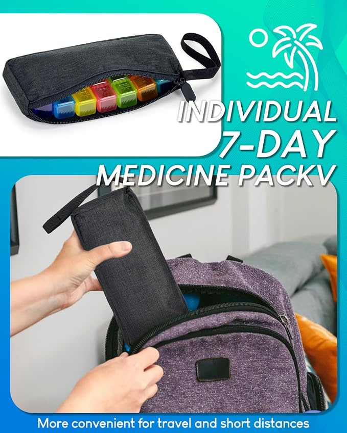 Monthly Pill Organizer 2 Times a Day with Weekly Pill Bags, Portable Hard Shell Case, Pill Cutter & Opener Pick, Monthly and Weekly Stickers for Medication Management (Blue, 3 Times a Day)