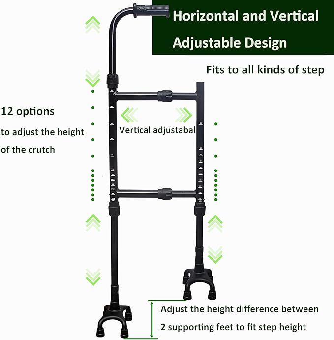 Height & Width Adjustable Stair Assist Cane -12-Level Adjustable Height,Portable Lightweight, Eight Anti-Slip Bases, Stair Helper for Up&Down -Mobility Aid for Elderly,Post-Surgery,Sore HIPS&Knees