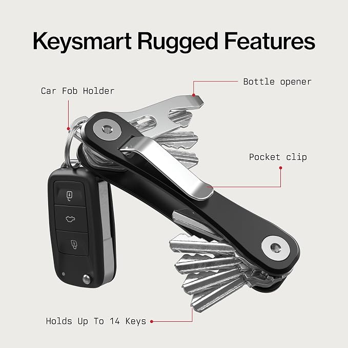 KeySmart Rugged Keychain Multitool Key Holder, Up to 14 Keys | Key Organizer for EDC. Expandable, Durable Build, Reduces Key Chain Bulk & Jingle, Pocket Clip & Bottle Opener Included