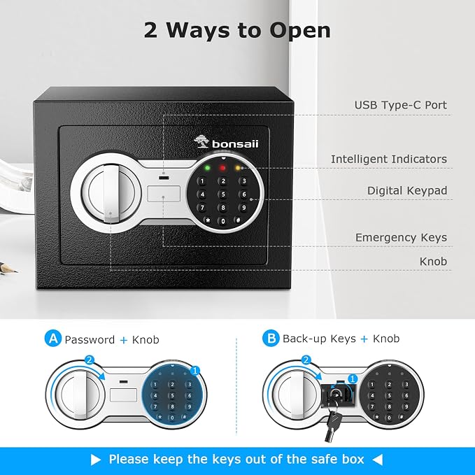 Bonsaii Safe Box with Electronic Keypad, Steel Security Lock Box with Key, 0.23 Cubic Feet, 9.06" W x 6.69" D x 6.69" H, Small Hidden Safe for Cash Jewelry