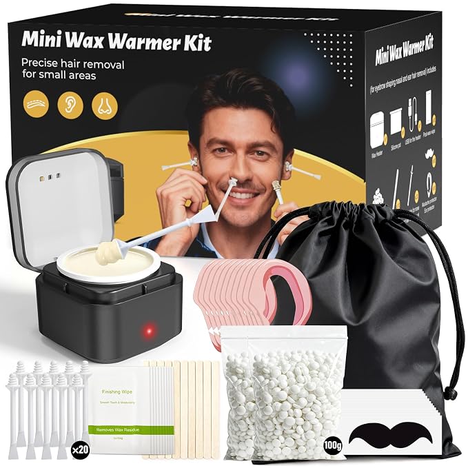 Nose Wax Kit Men: Nose and Ear Hair Removal Kit with Smart Temperature Control & USB C Fast Heating, Nose Hair Wax Kit Includes 100g Hard Wax Beans 20 Sticks & Travel Bag | Lasts up to 7 Weeks 15 Uses