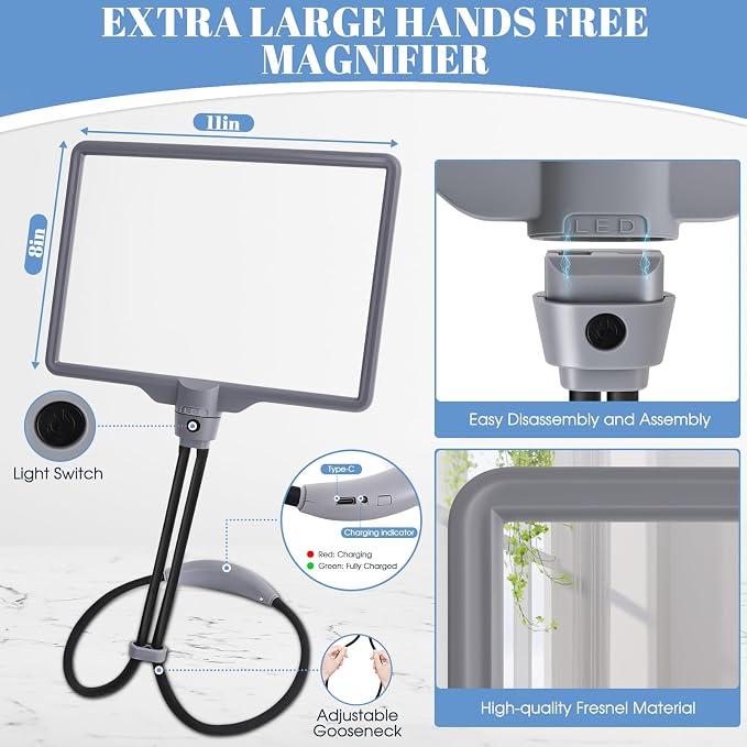 Magnifying Glass with Light Hands Free, Rechargeable Full Page Magnifier | 8" x 11" Extra Large • 106 LEDs • 6 Color Modes • Storage Bag • Ergonomically design • Flexible Gooseneck • Grey