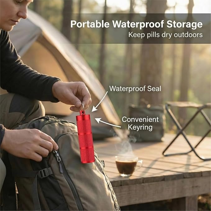 Waterproof Keychain Pill Holder - 3-Compartment, Wine Red | Anodized aluminum with a keyring. 3 detachable layers. Pocket-sized, rustproof EDC pill container