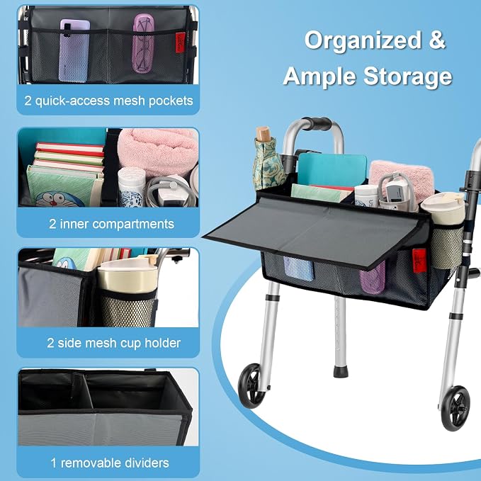 Walker Basket for Width 16"-20" Folding Walkers/Rollators, Large Capacity Walker Storage Baskets with Cup Holder, Lid & Multiple Pocket, Easy to Use Walker Tote Bag for Seniors, Gray.