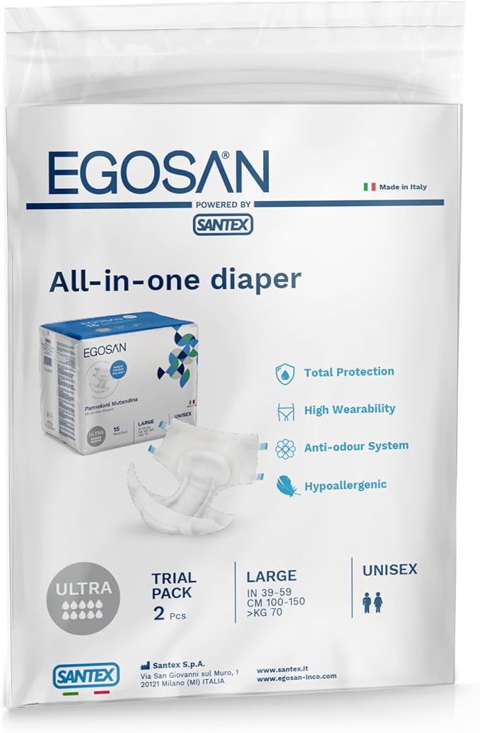 EGOSAN Ultra Incontinence Adult Diaper Brief Maximum Absorbency and Adjustable Tabs for Men and Women (Large (2 Count Sample))