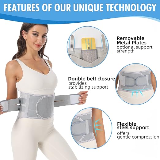 Back Brace for Lower Back Pain - Lumbar Support with Bionic Support System, Adjustable Belt for Men Women, Relieves Sciatica, Herniated Disc, Scoliosis, Posture Correction for Workout, Daily Use, Heavy Lifting (Grey, Large)