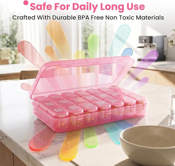 Pill Organizer 3X a Day, Medicine Pill Organizer 7 Day, Weekly Pill Case with 21 Compartments for Medicine, Vitamin and Supplement - Full Pink