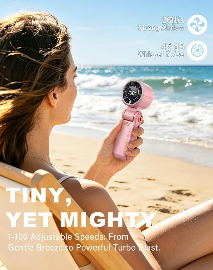 Portable Handheld Turbo Fan - 5 Speed Mini Personal Fan with Strong Airflow, Foldable 3 in 1 Rechargeable Battery Operated Trave Essentials Hand Fans for Indoor/Outdoor Use, Pink