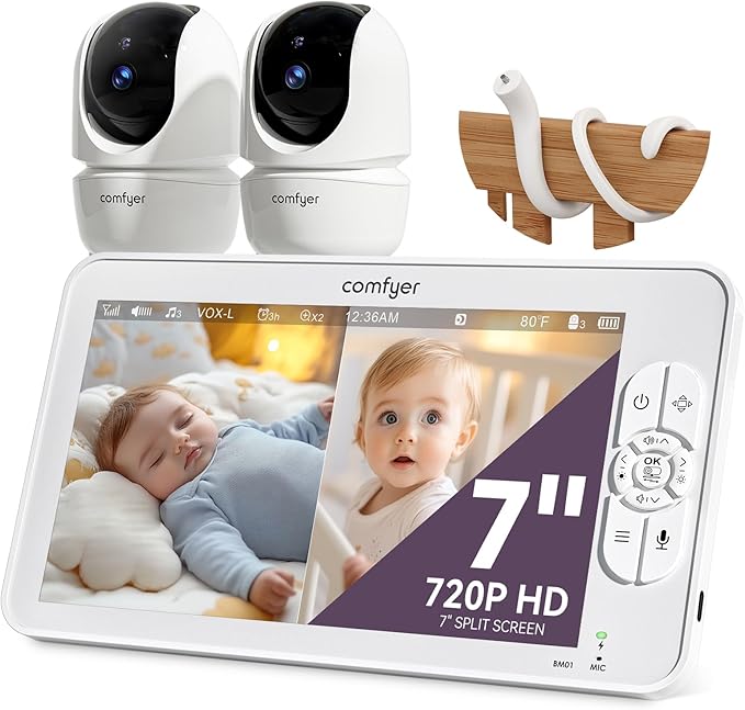 7" HD Split-Screen Baby Monitor with 2 Cameras, Video Baby Monitor with Camera and Audio, Flexible Bracket, Non-WiFi, VOX Mode, 2 Way Audio, Remote PTZ, Auto Night Vision
