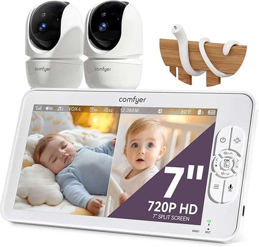 7" HD Split-Screen Baby Monitor with 2 Cameras, Video Baby Monitor with Camera and Audio, Flexible Bracket, Non-WiFi, VOX Mode, 2 Way Audio, Remote PTZ, Auto Night Vision