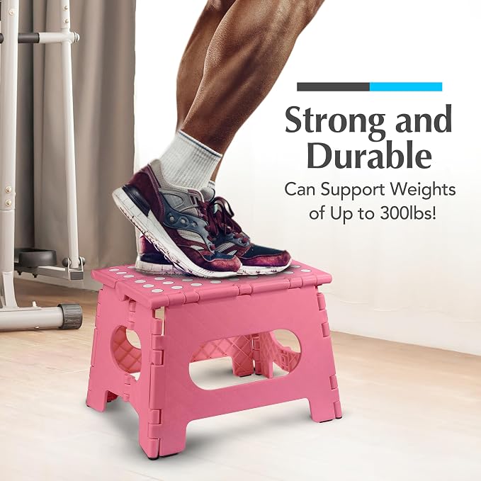 Handy Laundry Folding Step Stool 9 Inch 2 Pack, Holds 300 lbs, Non-Slip | Foldable Collapsible Plastic Stools for Adults and Kids with Handle, Lightweight for Kitchen, Bathroom, Bedroom, Pink