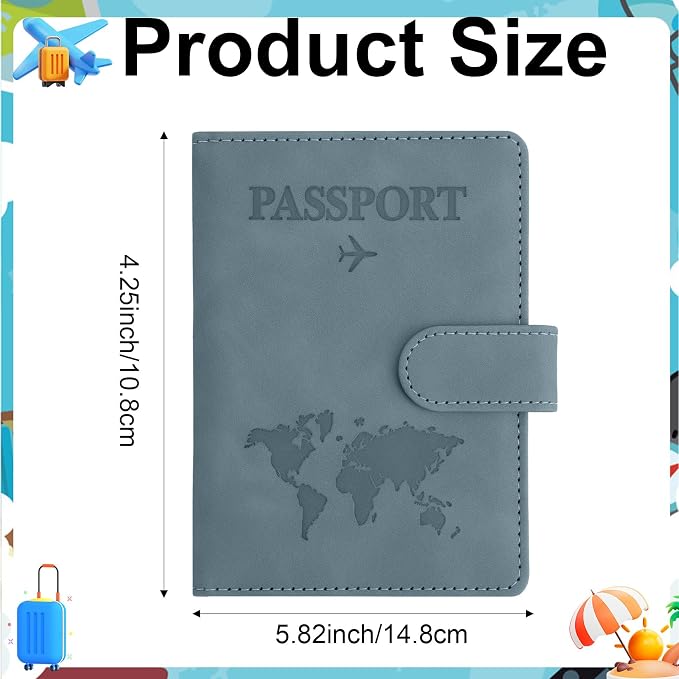 Passport Holder for Travel Essentials, Light Blue Leather Passport Cover, Passport Wallet Holders for Women Men Family Travel Gifts Must Have Accessories, Credit Card Cash Air Ticket Storage Supplies