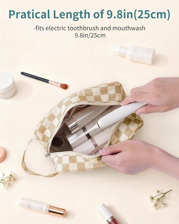 Narwey Checkered Travel Toiletry Bag for Women Traveling Dopp Kit Travel Bag for Toiletries Cosmetic Bag Makeup Bag Medicine Bag for Traveling (Light Brown Checkerboard)