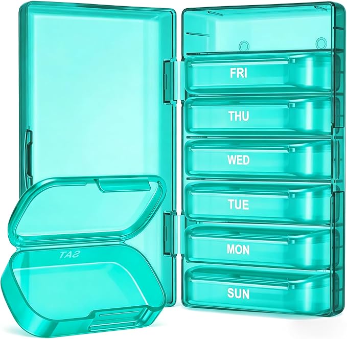 PULIV Weekly Pill Organizer with Large Capacity, Dual Protection Pill Box 7 Day, Arthritis Friendly Pill Case Easy to Open, Medicine Organizer for Vitamins, Medications, Fish Oils, Supplements (Cyan)