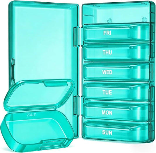PULIV Weekly Pill Organizer with Large Capacity, Dual Protection Pill Box 7 Day, Arthritis Friendly Pill Case Easy to Open, Medicine Organizer for Vitamins, Medications, Fish Oils, Supplements (Cyan)