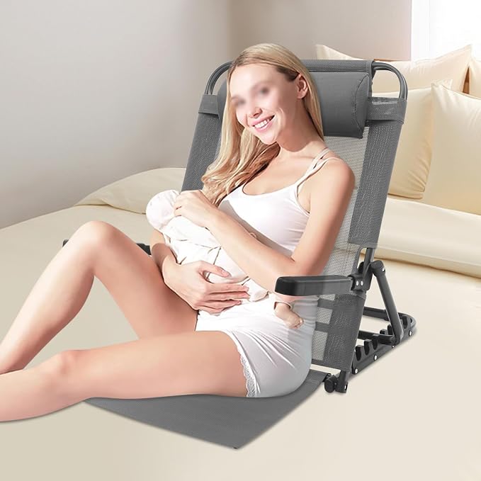 Adjustable Lifting Bed Backrest with Armrests 8-Position Adjustable, 330LBS Load Bed Back Support Chair for Reading Sleeping Watching TV, Portable Folding Floor for Elderly or Patients (Grey)