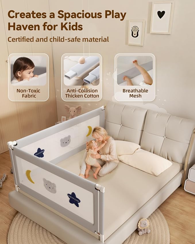 2 Piece Bed Rails for Queen Bed, No-Drill Needed Baby Bed Rail Guard | Thickened Child Safety Side Railing Guards, Height Adjustable Bedrail for Kids, 2-Side for Queen Bed , 60”x78.7”,Grey Star
