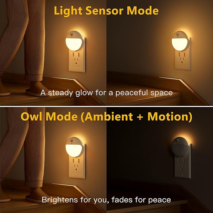 2 Pack Plug in Night Light with Motion Sensor and Dusk to Dawn Sensor, Stepless Dimming, Warm White LED Nightlight with 3 Lighting Ways for Bathroom, Bedroom, Kitchen, for Kids, Adults