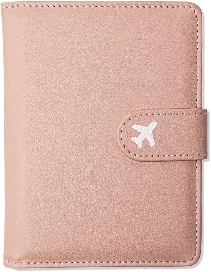 Passport Holder, Cute Travel Wallet Cover with RFID Blocking,Pink | PU leather travel wallet with magnetic closure, card slots, pen loop, and easy access for passports and essentials.