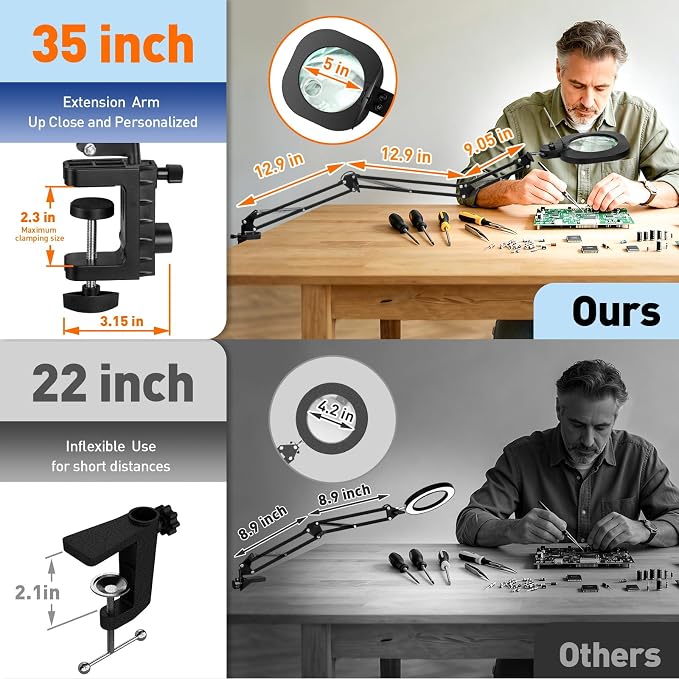 HITTI 30X 12X Long Magnifying Glass with Light and Clamp, 5-Inch Large Real Glass, 5 Color Modes, Stepless Dimmable, Hands Free LED Lighted Magnifier Stand for Workbench, Craft, Jewelry Making